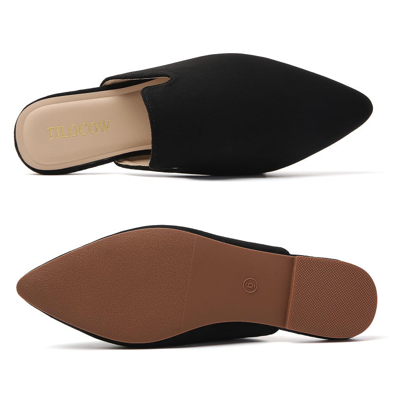 Tilocow Mules for Women Flats Pointed Toe Slip On Backless Loafers Flat Mule Business Casual Shoes Slides B Black - Image 4
